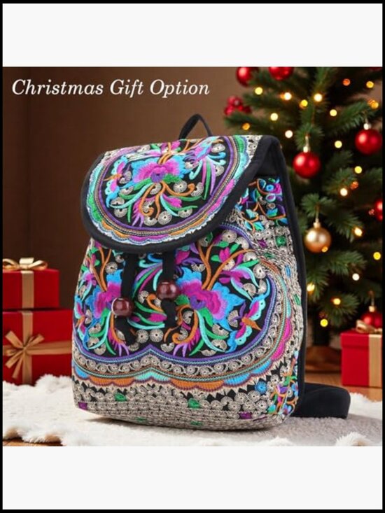 Floral Embroidery Canvas Drawstring Backpack Vintage Daypack Travel Shoulder Bag main image 7